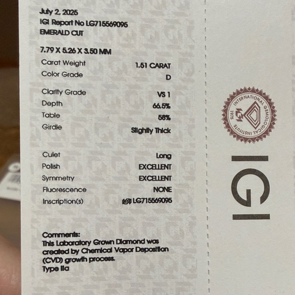 NWT 1.51 Carat Emerald Cut Lab Grown Diamond w/Paperwork - Picture 7 of 14